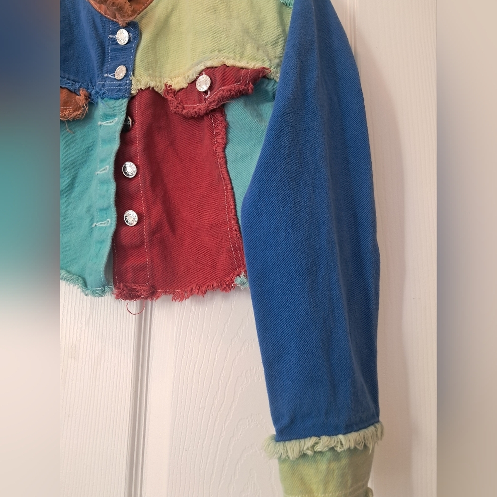 Rainbow Colored Patchwork Style Cropped Button Up… - image 3